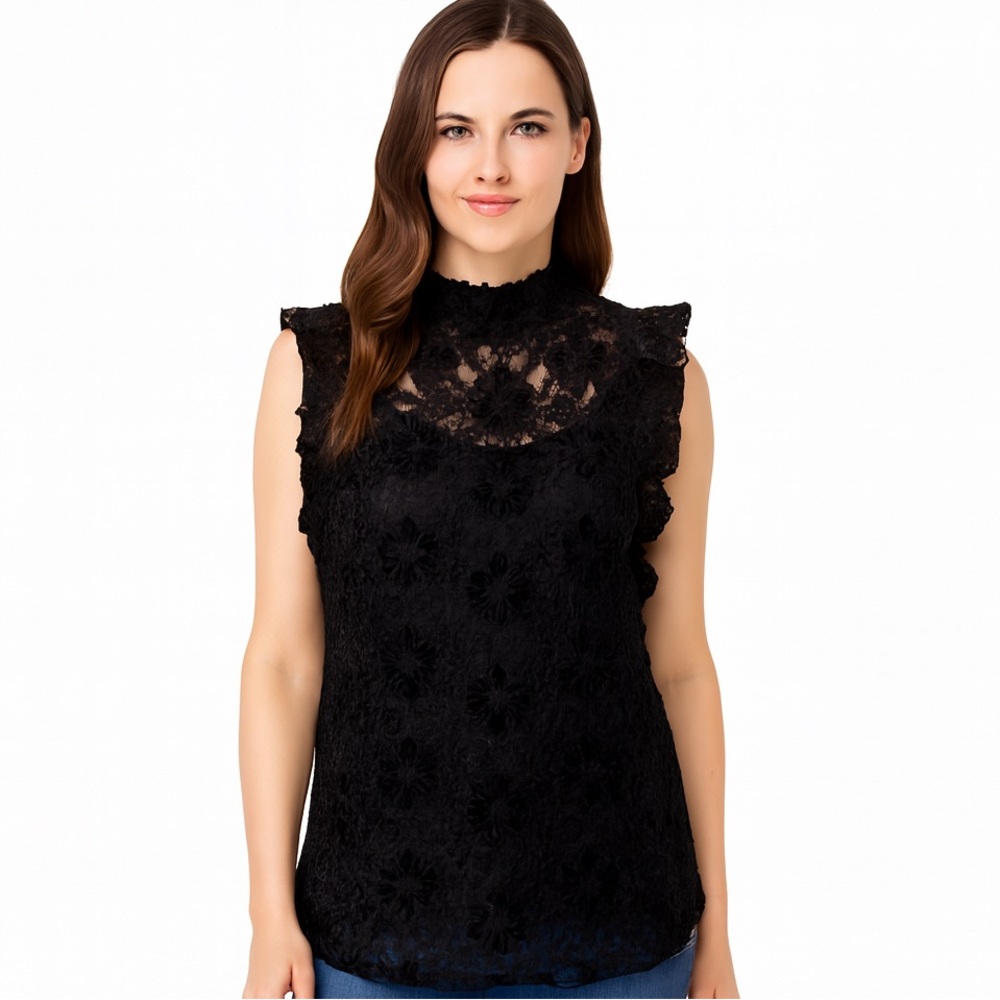 NWT CABLE & GAUGE Chic Black Lace Mock Neck Ruffle Sleeveless Blouse XS